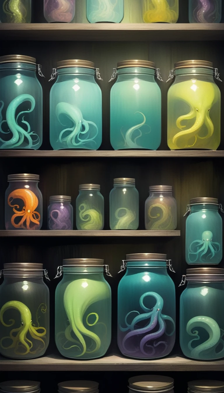 store shelf with large jars, jars with tentacles inside, horror tones(art inspired by Bill Sienkiewicz, oil painting)