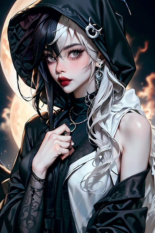 (masterpiece, best quality:1.2), [graveyar:girl:0.9], 1girl, solo, beautiful, gothic, witch, gloomy, Asian woman, mature, black clothing, hooded black robe, modest clothing, hood up, goddess of death, blank expression, split dye hair, multicolored hair, black and white hair, black dye on right side, white hair on left side, messy hair, bangs, black eyebrows, thick eyebrows, long eyelashes, grey eyes, dark circles under eyes, plump lips, red lipstick, red lips, no skin showing, skinny, pale skin, thin, sickly looking, looking at viewer, holding scythe, in graveyard, Wylona Hayashi, all black clothing, black hood, full body shot, cemetery background, standing, standing in a cemetery, holding scythe, windy, wind blowing, black long sleeves