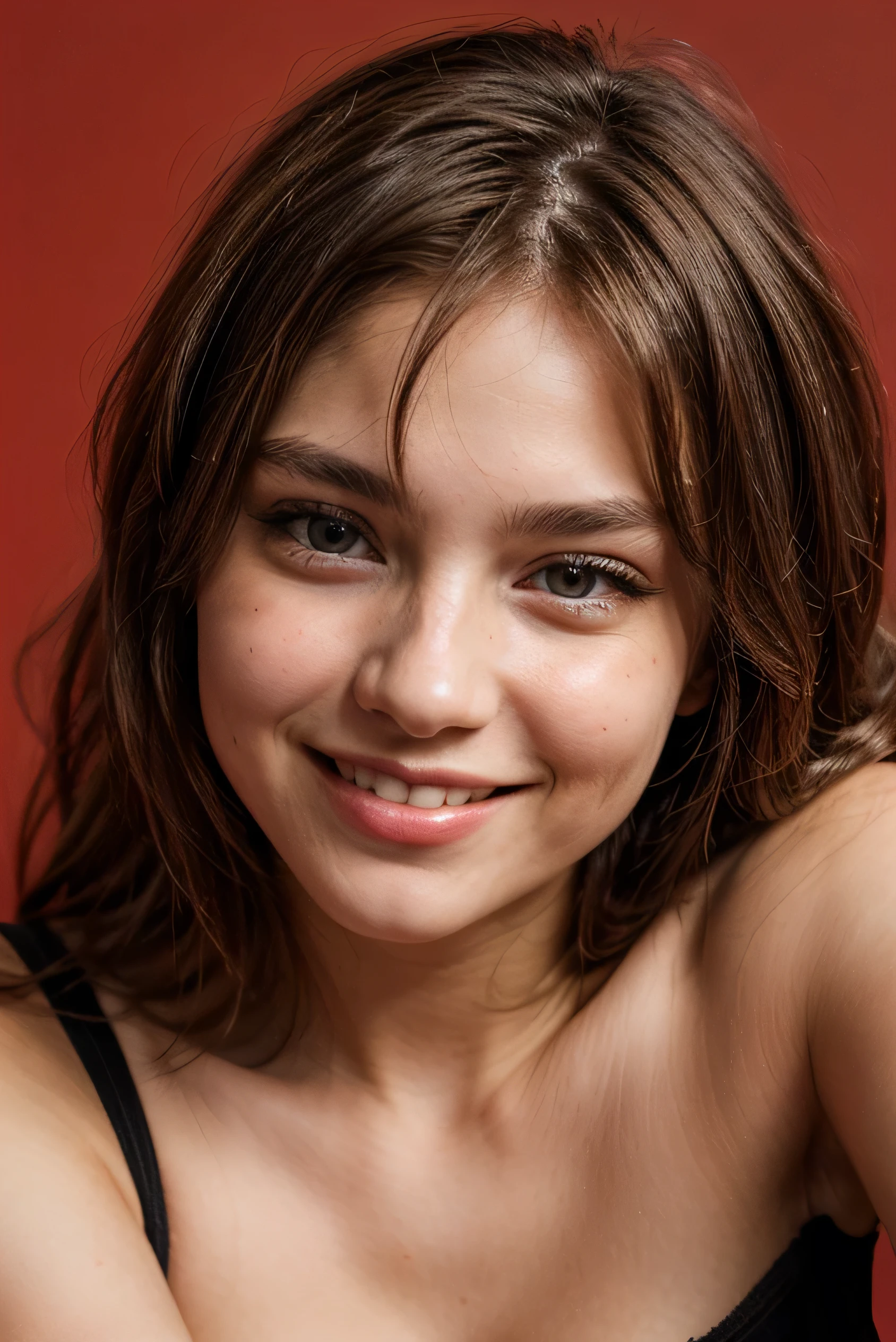 14歳 , Linda, face perfect, gorgeous face, beautiful smiling, with red background 