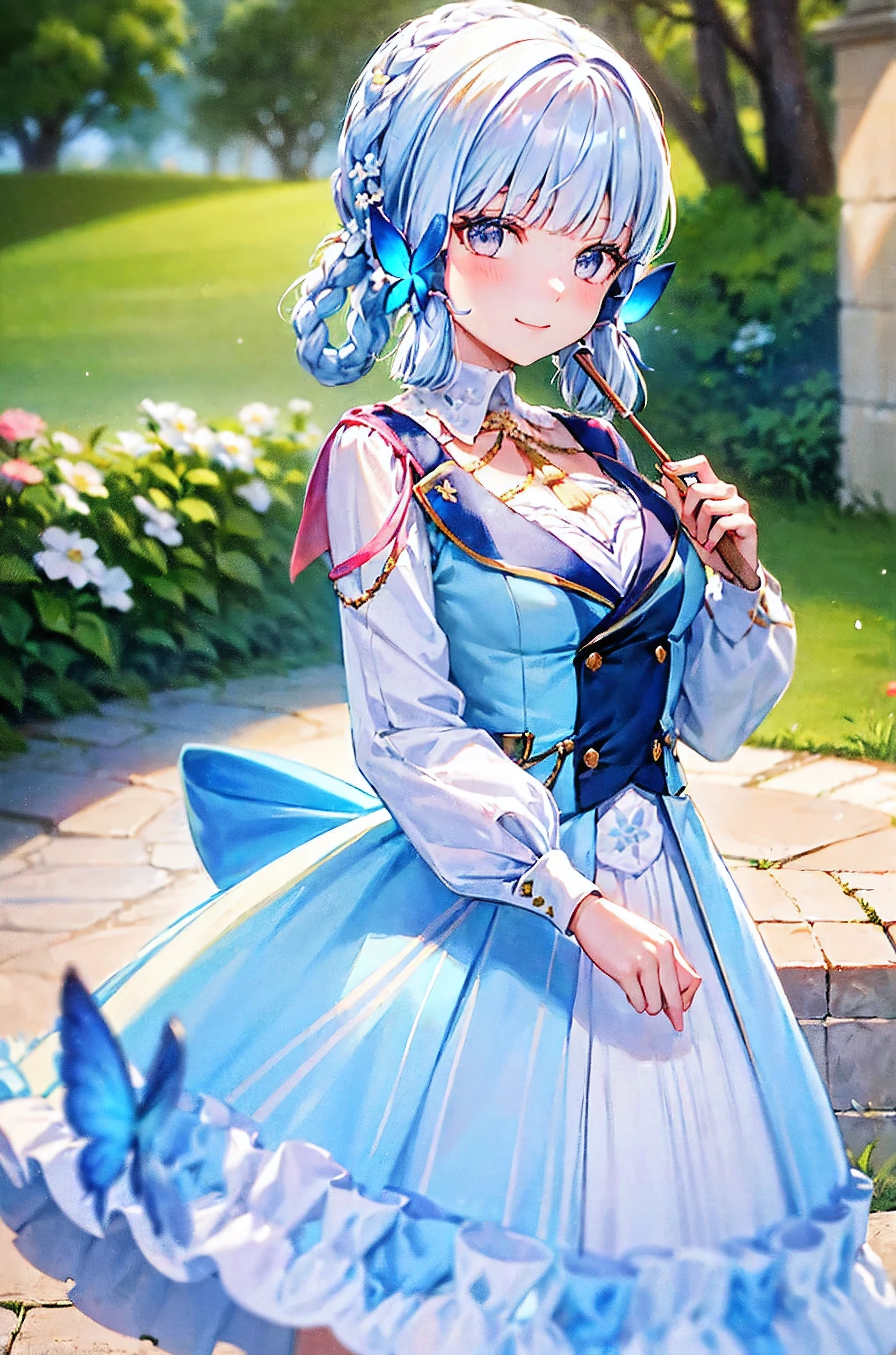 (Realistic painting style:0.9), (faux traditional media:1.0), masterpiece, best quality, bokeh, depth of field, looking to the side, kamisato ayaka (springbloom missive), kamisato ayaka, official alternate hairstyle, official alternate costume, blunt bangs, butterfly hair ornament, hair flower, blue dress, 1girl, butterfly, grey eyes, flower, hair ornament, light blue hair, outdoors, solo, hat, sky, blue nails, cloud, bangs, long sleeves, holding, looking at viewer, blue butterfly, blurry, braid, dress, day, blurry foreground, blue sky, breasts, medium breasts, cloudy sky, blush, index finger raised, blue flower, smile, closed mouth, holding fan