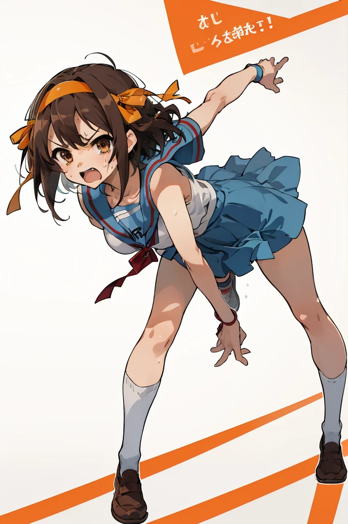 masterpiece, best quality, highres, 1girl, suzumiya haruhi, solo, kita high , blue sailor collar,  sailor collar, blue skirt, brown hair, short hair, brown eyes, armband, hairband, medium hair, ribbon, socks, big breasts, angry,sweating,