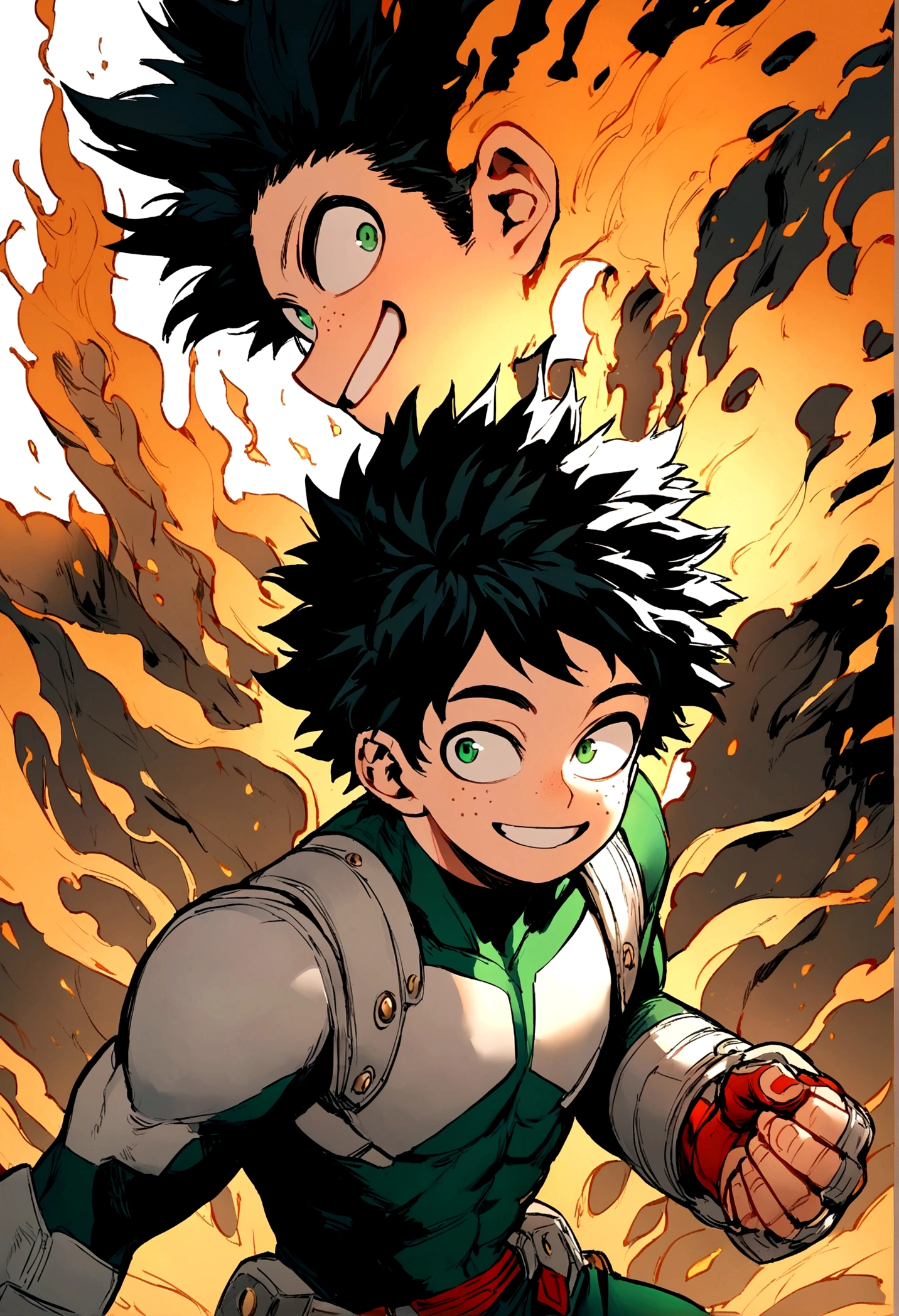 My hero academia, young small boy with curly black hair and green eyes, freckles, smiling