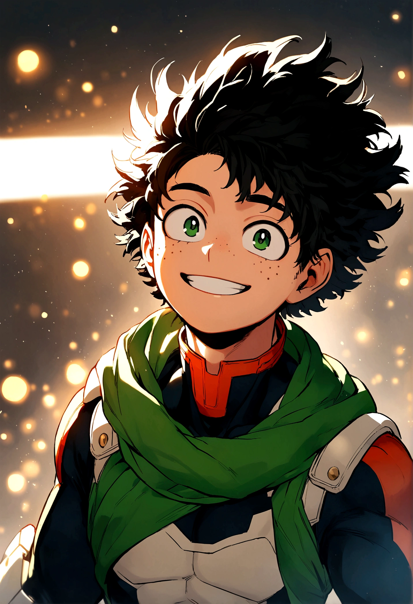My hero academia, young boy with curly black hair and green eyes, freckles, smiling