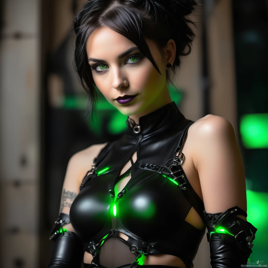 photo en gros plan de face d'une femme vêtue de vêtements noirs ouverts de femdom, green eyes, coiffure audacieuse et audacieuse, haut court, culotte, Metal Jewelry, posture dynamique, beau corps, silhouette mince, smalll breasts, Attractive cyberpunk dark fantasy, Sensuel, dark styled, Dark Fantasy mixed with realism, fille gothique, dominatrice en jeu, femdom at play, Mistress, Attractive, very beautiful gothic top model, ambiance d'gothic horror, The queen of dark gothic, Ambiance gothique, femme gothique, Brilliant and dark, ornamental gothic - cyberpunk, gothic - cyberpunk,