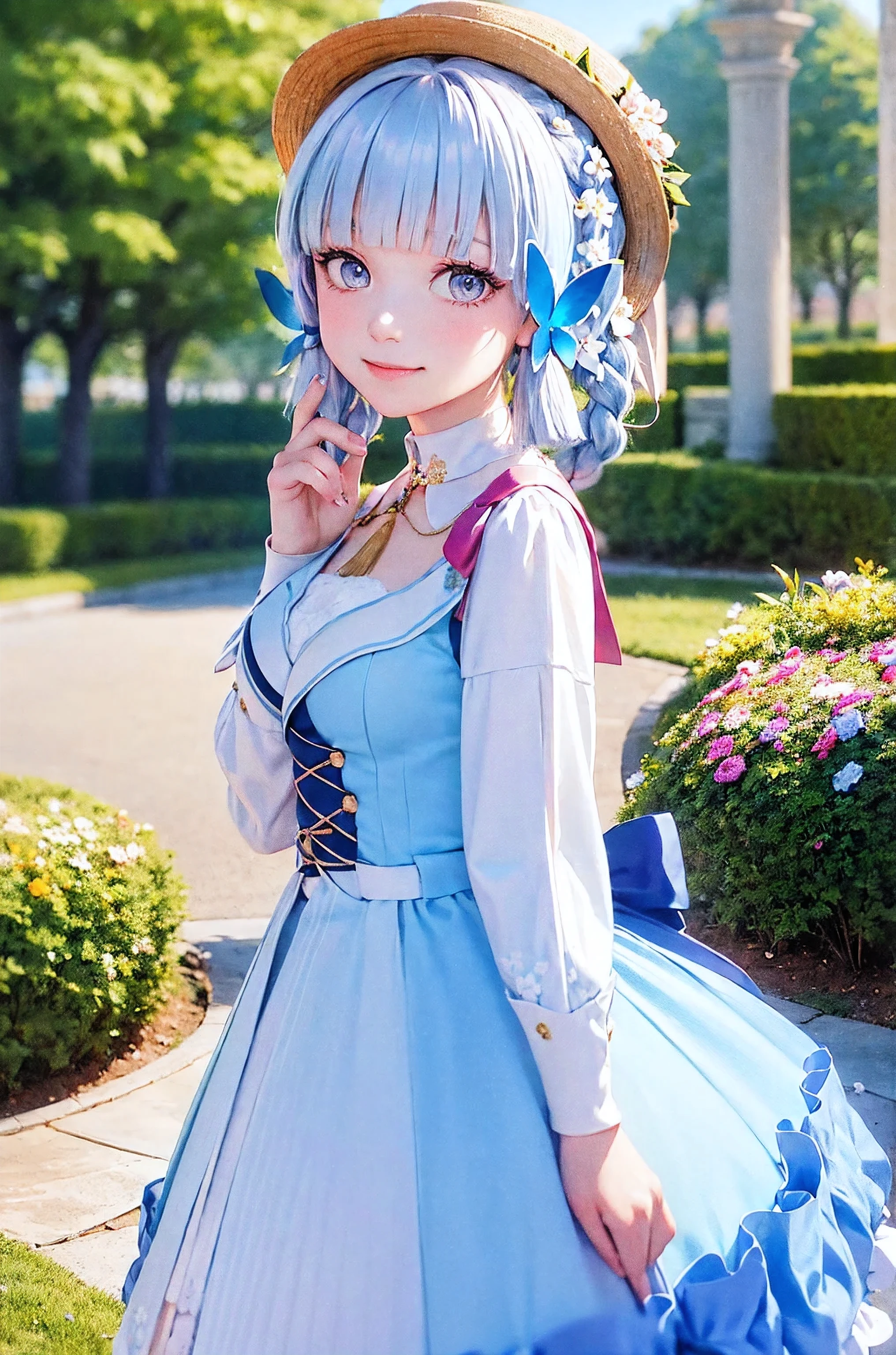 (Realistic painting style:0.9), (faux traditional media:1.0), masterpiece, best quality, bokeh, depth of field, looking to the side, kamisato ayaka (springbloom missive), kamisato ayaka, official alternate hairstyle, official alternate costume, blunt bangs, butterfly hair ornament, hair flower, blue dress, 1girl, butterfly, grey eyes, flower, hair ornament, light blue hair, outdoors, solo, hat, sky, blue nails, cloud, bangs, long sleeves, holding, looking at viewer, blue butterfly, blurry, braid, dress, day, blurry foreground, blue sky, breasts, medium breasts, cloudy sky, blush, index finger raised, blue flower, smile, closed mouth, holding fan