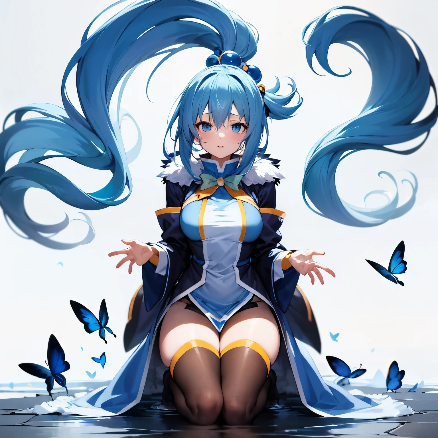 [(White background:1.5)::5], (bottle bottom:0.9), 1 girl (water_Konosuba, blue eyes, long blue fur), shot in the middle, whole body, butterflies, floating petal, stone fragment, hermosa water detallada, cloud, floor, twilight, sunset, Hermosa cloud detallada, hidden hands, vagina visible