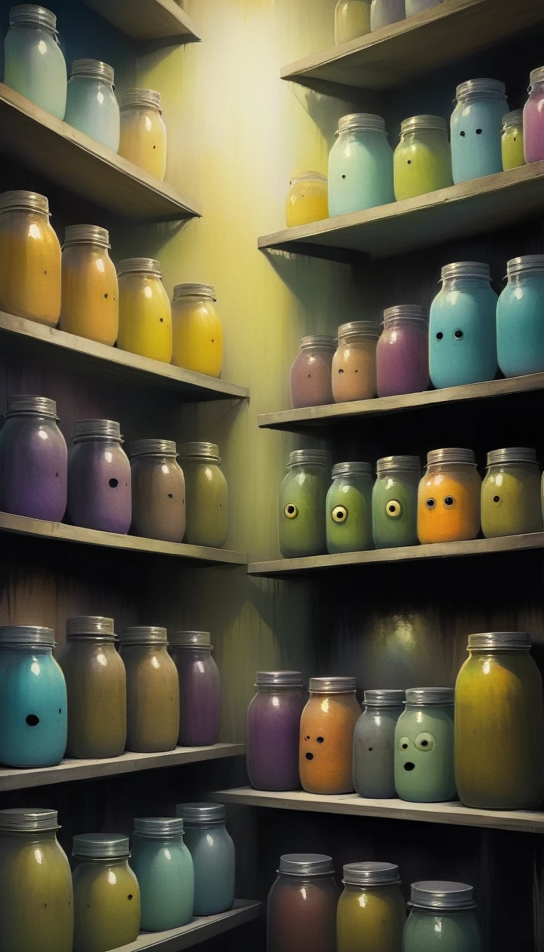 store shelf with large jars, jars with eyes inside, horror tones(art inspired by Bill Sienkiewicz, oil painting)
