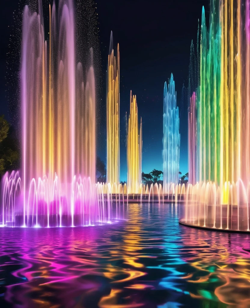 Dancing water columns of a musical fountain、Various combinations of light and water column々Create a unique pattern,Create a colorful scene,Detailed fantasy digital art,Highly detailed digital art in 4K,fantasy art action,Nice、money、High-quality images