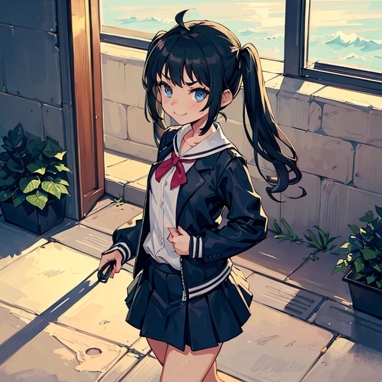 Young girl with black hair, long twintail,  twintail hairstyle, (blue eyes),, ((small bushy eyebrows)), wearing gothic ****ta clothing, ****con , walking to school, flirty smile, , lifting her skirt to show her vagina wet with semen