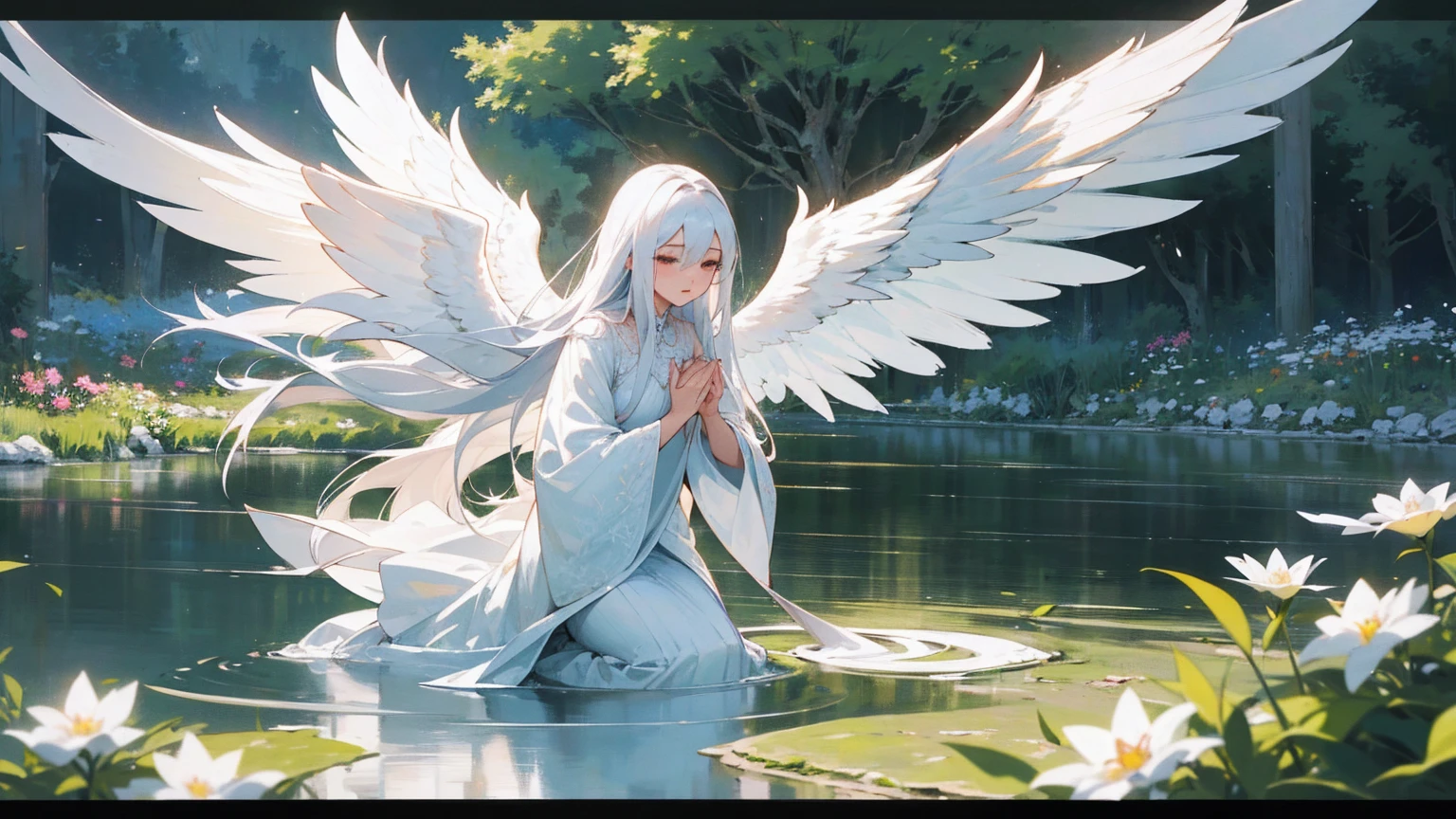 a 29 years old beautiful angel mother with long white hair, european face ,beautifull wings, beautifull white angelic wings, praying,white clothes, surrounded by white doves, serene and peaceful expression, ethereal and heavenly, 4k, high quality, intricate details, photorealistic, dramatic lighting, vibrant colors, beautifull scenerie, beautifull light, a peaceful garden, lush greenery, blooming flowers, serene atmosphere, warm sunlight, calming pond, tranquil landscape, beautiful scenery, natural environment, idyllic setting, (best quality,4k,8k,highres,masterpiece:1.2),ultra-detailed,(realistic,photorealistic,photo-realistic:1.37),landscape,vibrant colors,soft lighting,natural lighting, fully clothed