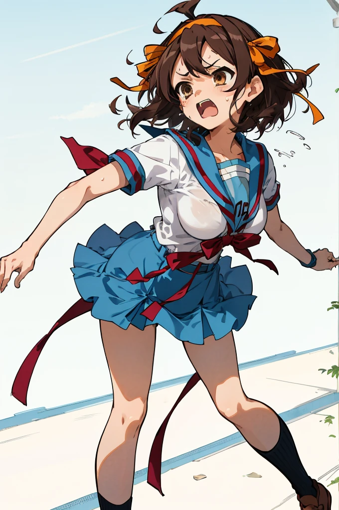  1girl, suzumiya haruhi, solo, kita high , blue sailor collar,  sailor collar, blue skirt, brown hair, short hair, brown eyes, armband, hairband, medium hair, ribbon, socks, huge breasts, angry,sweating,outdoor