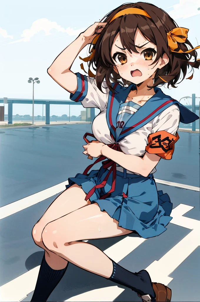  1girl, suzumiya haruhi, solo, kita high , blue sailor collar,  sailor collar, blue skirt, brown hair, short hair, brown eyes, armband, hairband, medium hair, ribbon, socks, huge breasts, angry,sweating,outdoor