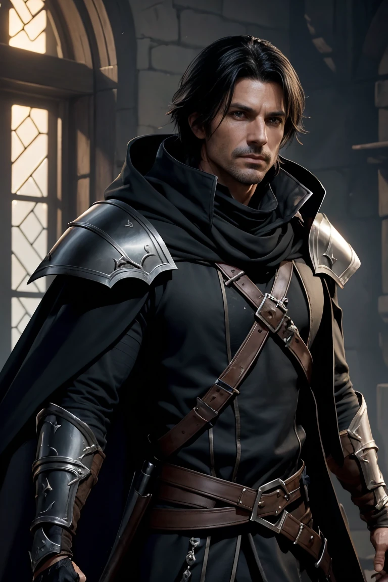 one male rogue, over 40 years old, light rogue black fantasy armor, assassin, 8k, good looking. swashbuckler, character portrait, facing front, high fantasy setting. black cloak, scoundrel face. Clean-shaven