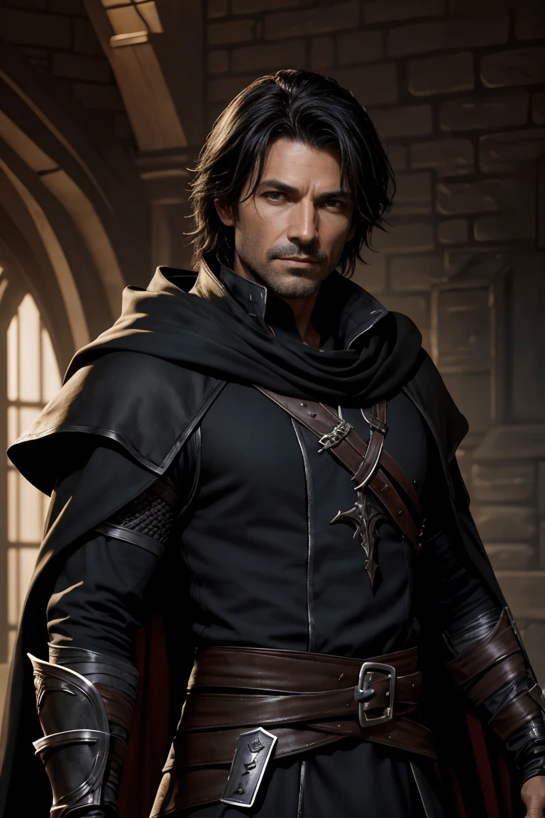 one male rogue, over 40 years old, light rogue black fantasy armor, assassin, 8k, good looking. swashbuckler, character portrait, facing front, high fantasy setting. black cloak, scoundrel face. Clean-shaven