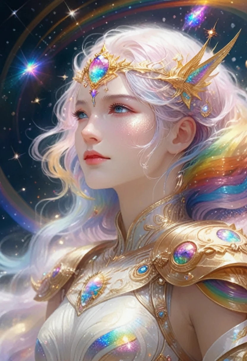 1girl, （（Frontal face））,(((Watching the audience))),rainbow colored hair,white delicatedress armor, rainbow colored cosmic nebula background, stars, Galaxies, Intricate details, fair skin,masterpiece, best quality, realistic, happily floating in space, sparkly, glowing
