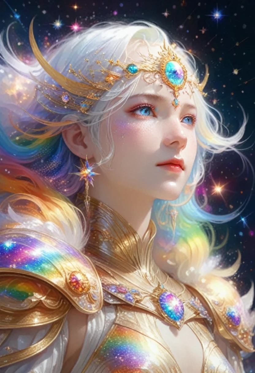 1girl, ((Frontal face)),(((Watching the audience))),rainbow colored hair,white delicatedress armor, rainbow colored cosmic nebula background, stars, Galaxies, Intricate details, fair skin,masterpiece, best quality, realistic, happily floating in space, sparkly, glowing