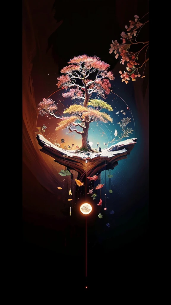 circular tree,four seasons,spring,summer,autumn,winter,leaves,roots,branches,trunk,ornate border,decorative,digital illustration,artwork,movement,time,swirling background,dark background,vibrant colors,natural,life cycle,growth,change,nature,life,peace,harmony,spirituality,symbolism,digital art,illustration,painting,graphic design,art,design,digital media,online art,visual art,fine art,fantasy