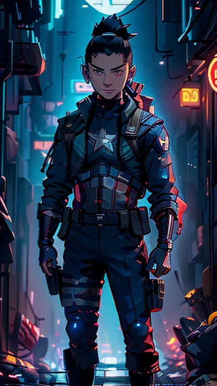 best quality,masterpiece,1boy,solo,(((13years old))),japanese boy,an extremely cute and handsome hoy,highly detailed handsome face and eyes,petit,cute face,lovely face,baby face,shy smile,show teeth, black hair,short ponytail hair,flat chest,skinny,slender,(((Nara Shikamaru wearing Captain America costume))),(((standing in Dark Midnight Neon Glow light Cyberpunk Gotham city))),he is looking at the viewer,