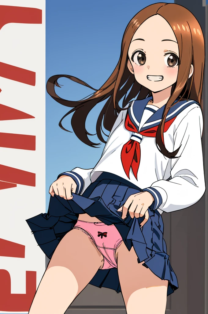 aatakagi, long hair, sailor collar, red neckerchief, sailor shirt, white shirt, long sleeves, miniskirt, blue skirt,socks,grin,(((lift skirt,panties)))