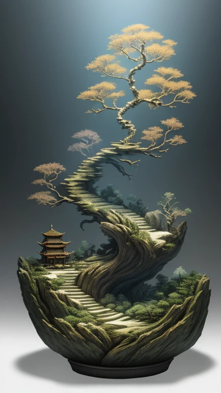 best quality, realistic, photorealistic, divine tree entwined with dead roots with many twining roots and mountains, "unique pots of relief and steep cliffs"
((Miniature landscape)),(Chinese architecture),Divine Tree,
very detailed carving on coral rock "pot with root relief",
Ultra wide angle, Accent Lighting, Volumetric Lighting, backlight, (detailed light),((very subtle and beautiful)),dramatic_shadow,ray_tracing,hdr