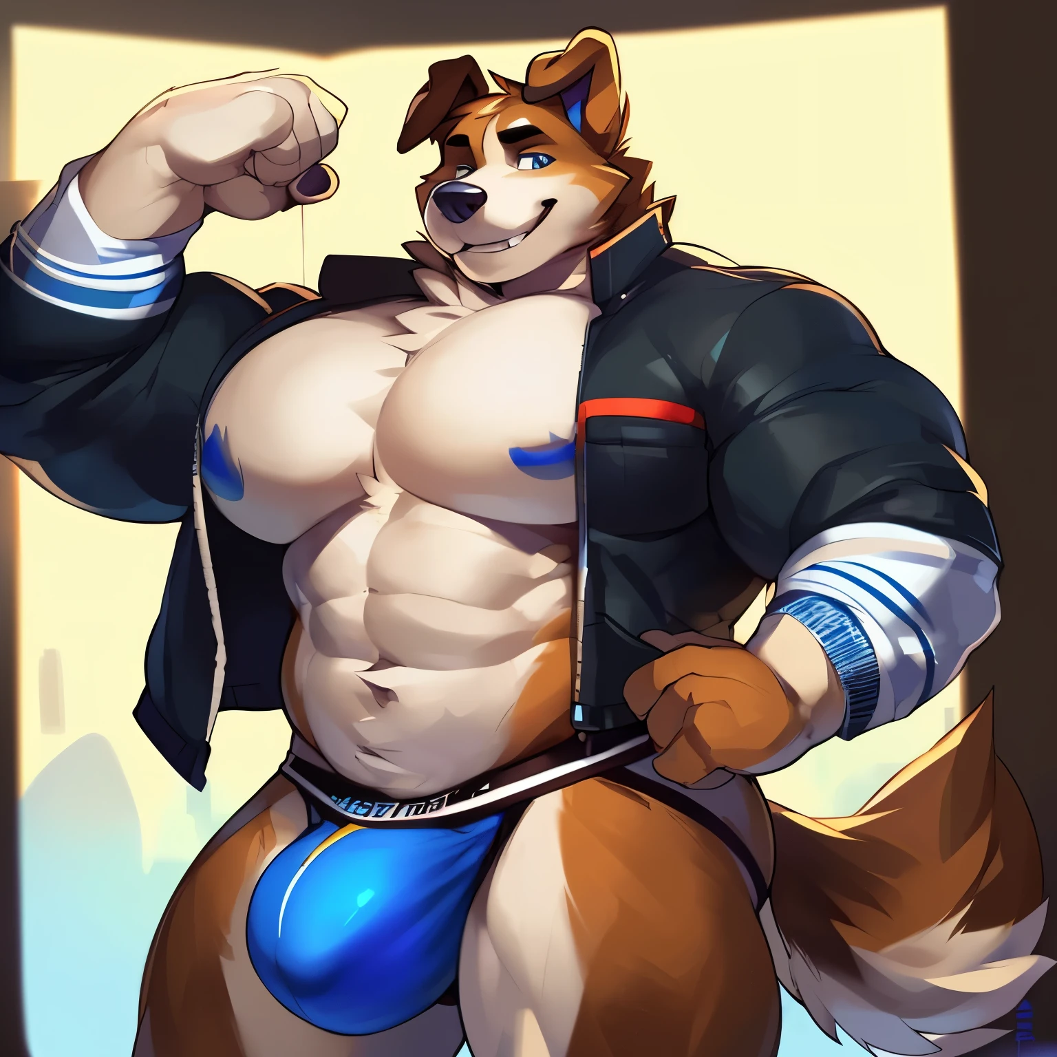 Solo, male, Anthro (((domestic dog, collie, blue eyes, blue iris, black pupils, muscular, broad shoulders, huge pecs, abs, dark brown ears, folded ears, brown body, brown fur, white body, white fur, tail, grey shirt, college jacket, black jockstrap, big bulge))) standing, flexing, smirking, tail wag, tail wagging, full body, perfect anatomy, by darkgem, by mystikfox61, by glitter trap boy