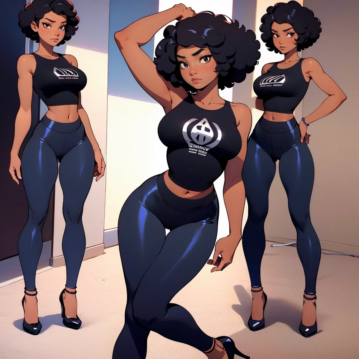 afro american girl, dark skin, afro haircut, 1 girl, solo, (black leggins) (tshirt), sleveless, medium perky , wide hips