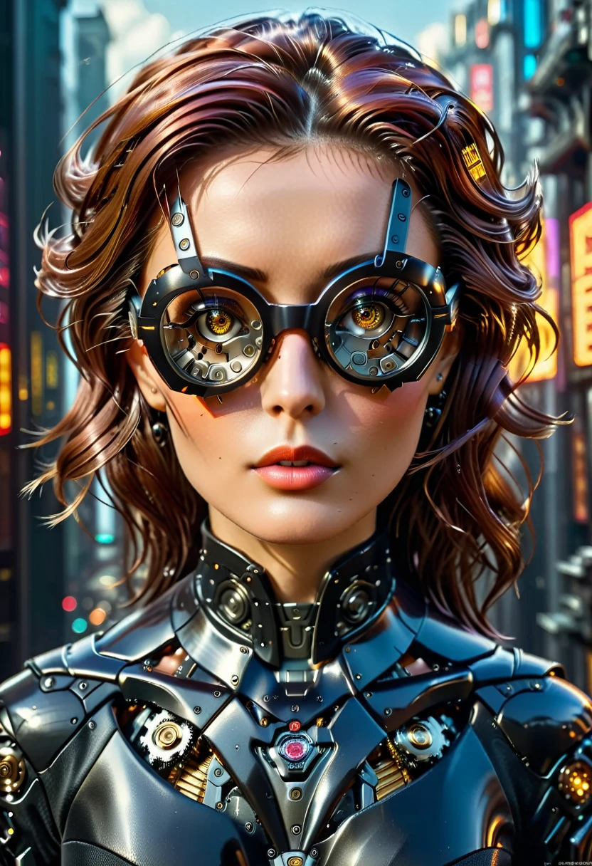 Arafed a picture of a human female spy, wearing dark suit, wearing ((mecha glasses: 1.5))exquisite beautiful female, dynamic eye color, dynamic hair color, dynamic hair style, glasses has intricate mechanical part in it, high society gala event background, (Masterpiece: 1.5),  Vibrant, Ultra-high resolution, High Contrast, masterpiece:1.2, highest quality, Best aesthetics), best details, best quality, highres, ultra wide angle, 16k, [ultra detailed], masterpiece, best quality, (extremely detailed), Mechanical Creatures