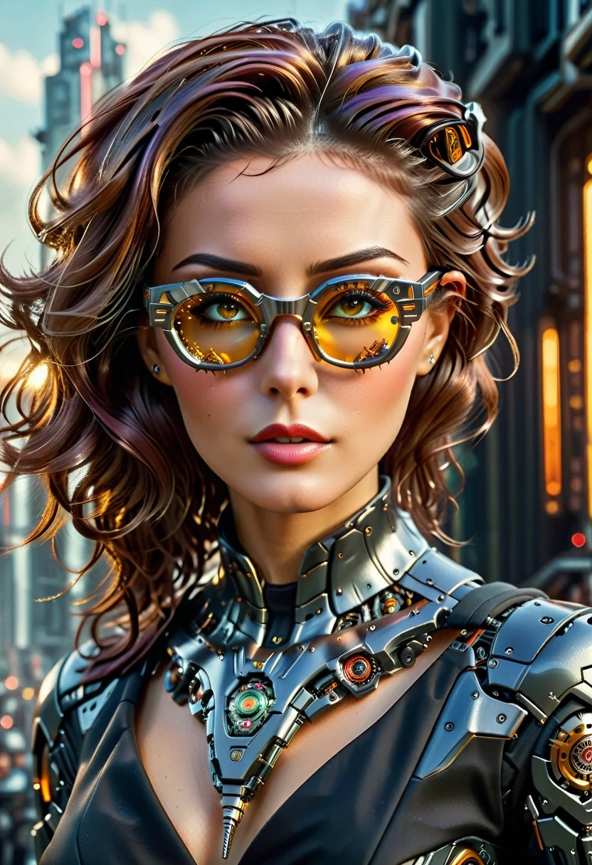 Arafed a picture of a human female spy, wearing dark suit, wearing ((mecha glasses: 1.5))exquisite beautiful female, dynamic eye color, dynamic hair color, dynamic hair style, glasses has intricate mechanical part in it, high society gala event background, (Masterpiece: 1.5),  Vibrant, Ultra-high resolution, High Contrast, masterpiece:1.2, highest quality, Best aesthetics), best details, best quality, highres, ultra wide angle, 16k, [ultra detailed], masterpiece, best quality, (extremely detailed), Mechanical Creatures