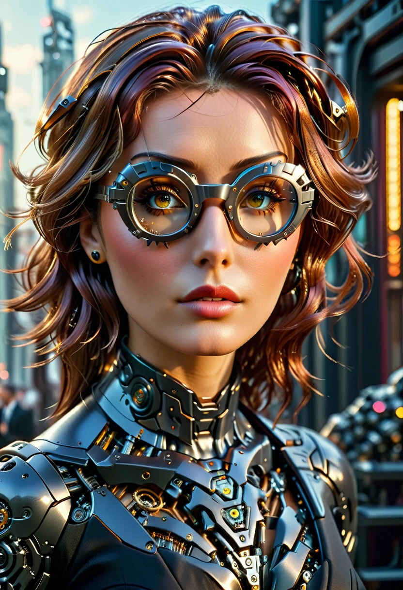 Arafed a picture of a human female spy, wearing dark suit, wearing ((mecha glasses: 1.5))exquisite beautiful female, dynamic eye color, dynamic hair color, dynamic hair style, glasses has intricate mechanical part in it, high society gala event background, (Masterpiece: 1.5),  Vibrant, Ultra-high resolution, High Contrast, masterpiece:1.2, highest quality, Best aesthetics), best details, best quality, highres, ultra wide angle, 16k, [ultra detailed], masterpiece, best quality, (extremely detailed), Mechanical Creatures