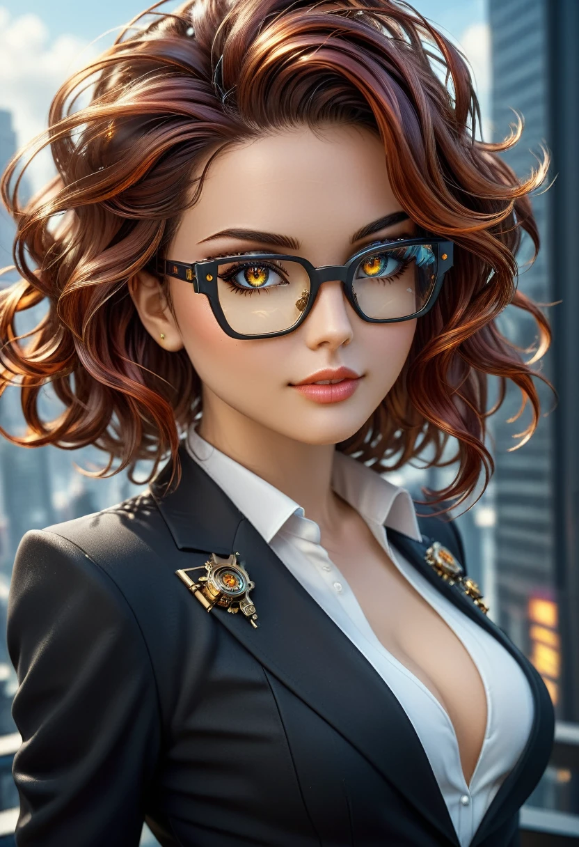 Arafed a picture of a human female spy, wearing dark suit, wearing ((mecha glasses: 1.5))exquisite beautiful female, dynamic eye color, dynamic hair color, dynamic hair style, glasses has intricate mechanical part in it, high society gala event background, (Masterpiece: 1.5),  Vibrant, Ultra-high resolution, High Contrast, masterpiece:1.2, highest quality, Best aesthetics), best details, best quality, highres, ultra wide angle, 16k, [ultra detailed], masterpiece, best quality, (extremely detailed), Mechanical Creatures