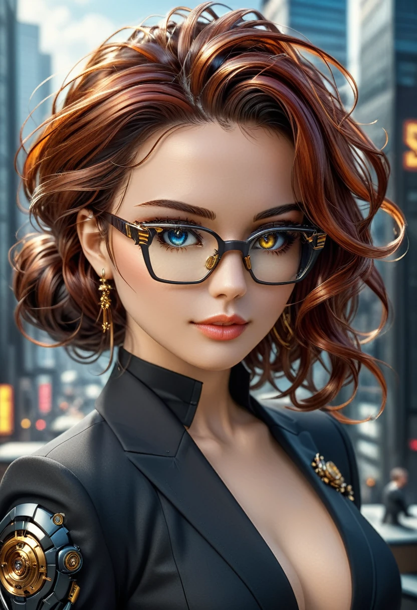 Arafed a picture of a human female spy, wearing dark suit, wearing ((mecha glasses: 1.5))exquisite beautiful female, dynamic eye color, dynamic hair color, dynamic hair style, glasses has intricate mechanical part in it, high society gala event background, (Masterpiece: 1.5),  Vibrant, Ultra-high resolution, High Contrast, masterpiece:1.2, highest quality, Best aesthetics), best details, best quality, highres, ultra wide angle, 16k, [ultra detailed], masterpiece, best quality, (extremely detailed), Mechanical Creatures