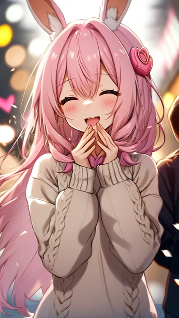 A girl in a comfortable sweater,The upper part of the body,big laughter,with her mouth open,opens his eyes wide,strong lights,Background bokeh,depth of fields,blur backgroun,light particules,strong winds,heart particles,A pink-haired,The eye,Rabbit ear star hair ornaments。