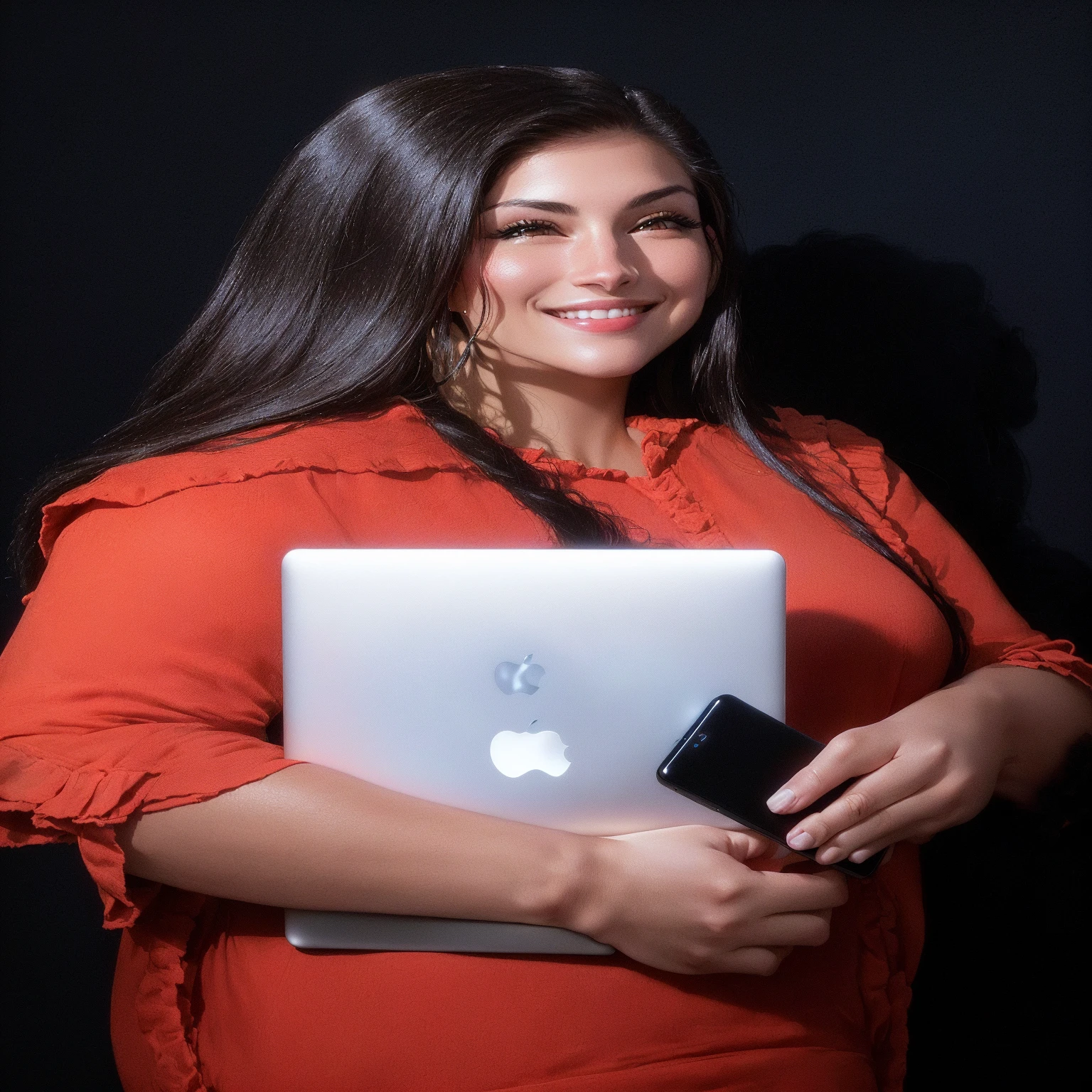 smiling woman holding an apple laptop and a cell phone in her hands, lorena avarez, alanis guillen, in front of a black background, with apple, standing with black background, with black background, Julia Fontes, carla ortiz, she is holding an apple smartphone, malika favre, fernanda suarez