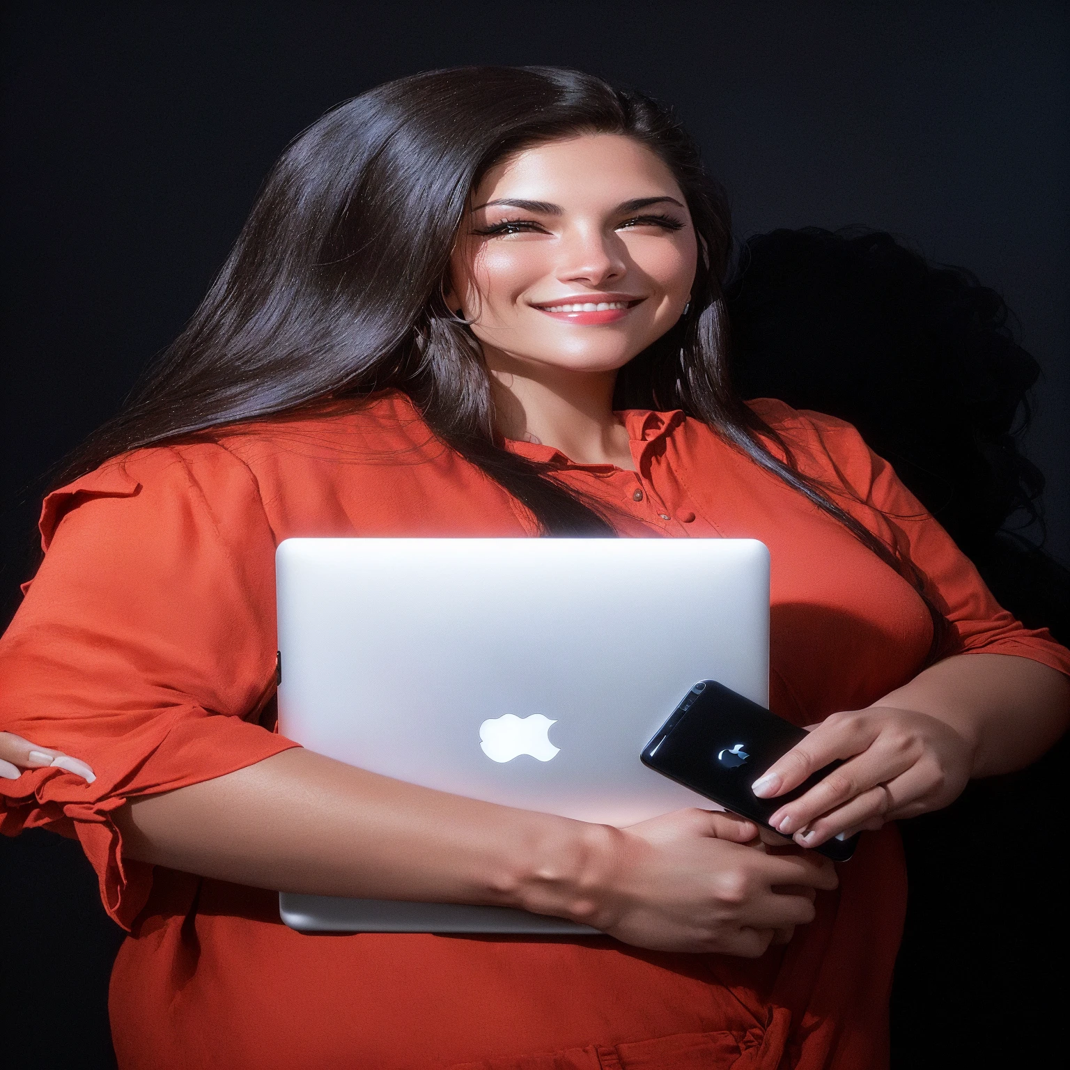 smiling woman holding an apple laptop and a cell phone in her hands, lorena avarez, alanis guillen, in front of a black background, with apple, standing with black background, with black background, Julia Fontes, carla ortiz, she is holding an apple smartphone, malika favre, fernanda suarez