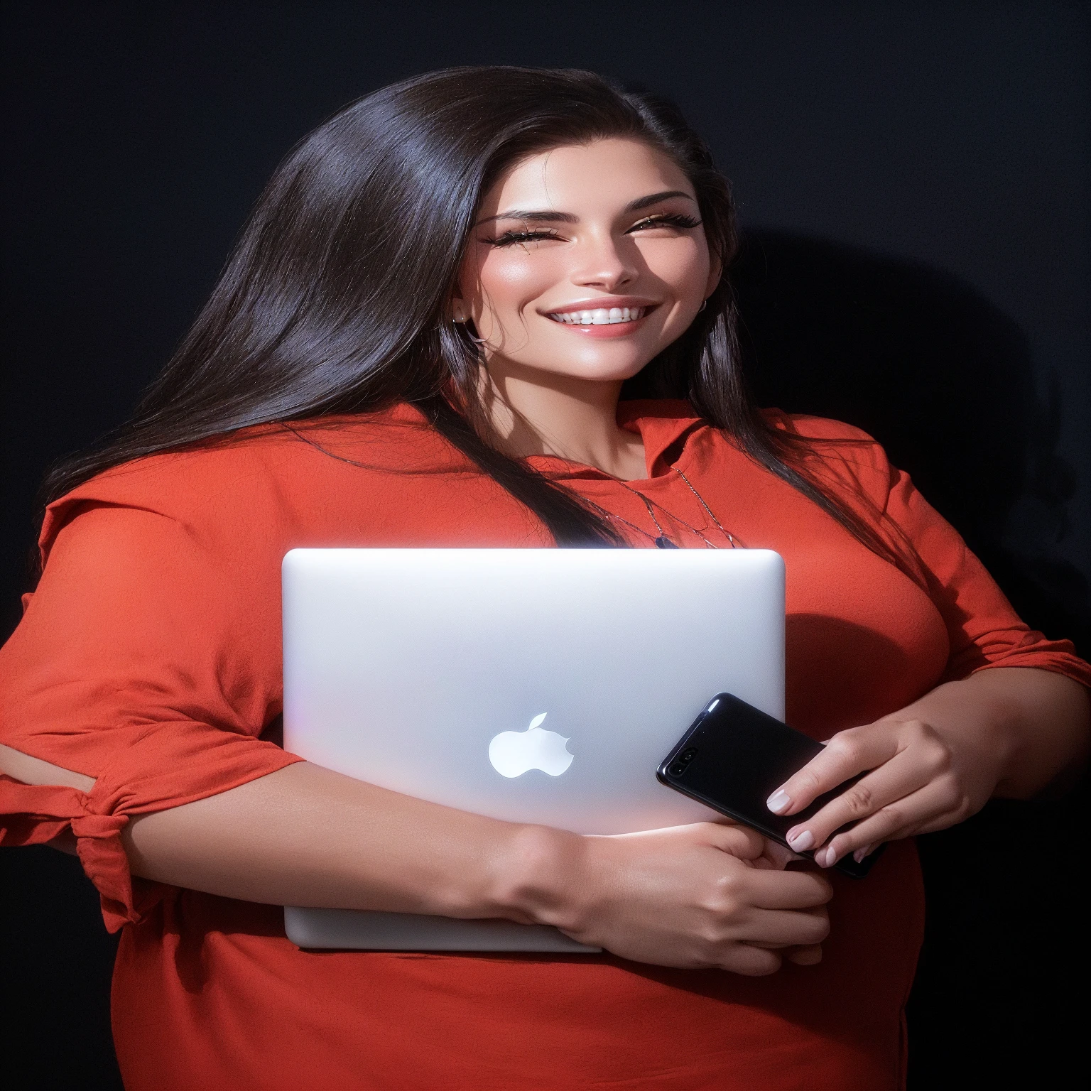smiling woman holding an apple laptop and a cell phone in her hands, lorena avarez, alanis guillen, in front of a black background, with apple, standing with black background, with black background, Julia Fontes, carla ortiz, she is holding an apple smartphone, malika favre, fernanda suarez