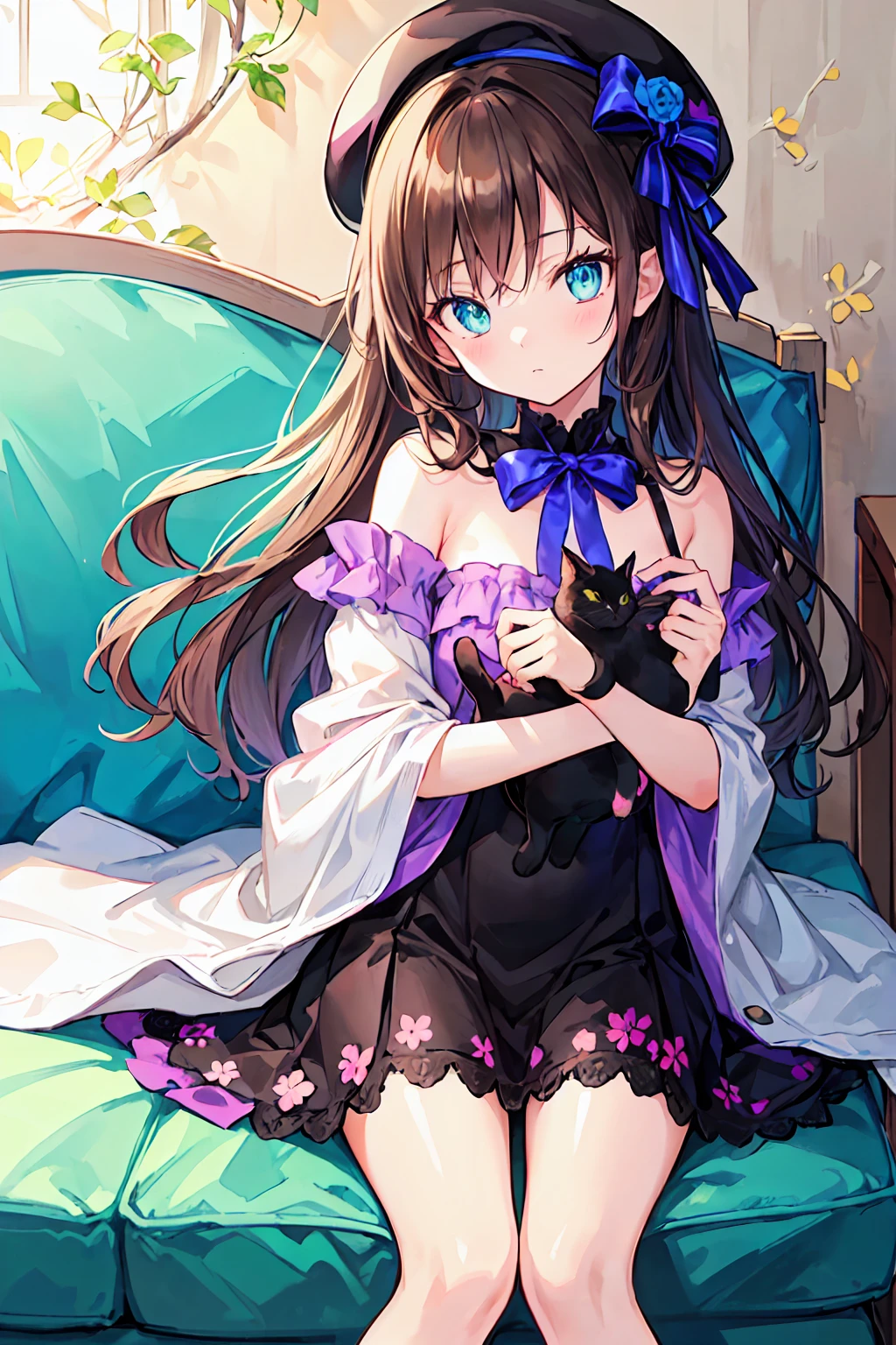 Drawn in a cartoon style with soft pastel tones. in the center, a young female character wears a large decorative beret and sits on a cozy-looking cushion. The character wears frilly clothing., race, ribbon, Her outfit is detailed. This character is、 (Shoulder cape:1.1). The shoes are also decorative., Draw attention to your character's feet.
A small stuffed black cat is praced beside the character, It depicts an intimate scene in which he appears to be interacting with her.. The cushion in the background is a blue gradient, Reminiscent of the starry sky, Star and planet designs are scattered throughout.
The illustration is surrounded by detailed plant and floral motifs., Gives a harmonious and calm feel to the overall design.
The illustration has soft, peaceful, It feels poetic, Designed to provide comfort to the viewer.
(pastel colour, watercolor, (Bright colors:1.3), Light leakage, chromatic aberration, Kind eyes, Cute eyes, Silky brown hair, Tilt your head, beret:1.2), (Close up of a girl:1.0),