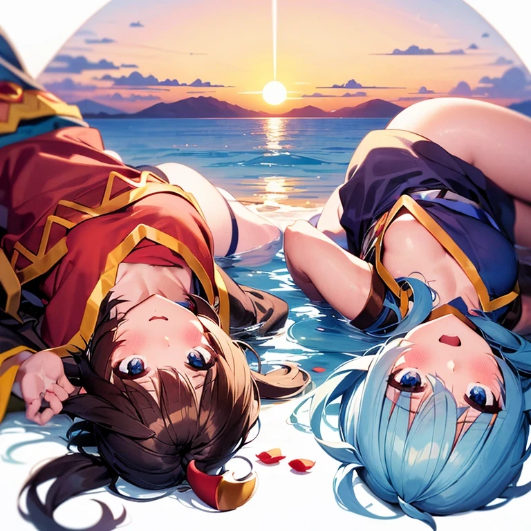 [(White background:1.5)::5], (bottle bottom:0.9), 2 girl (water_Konosuba, Megumin_Konosuba), blue eyes, long blue fur), shot in the middle, whole body, butterflies, floating petal, stone fragment, hermosa water detallada, cloud, floor, twilight, sunset, Hermosa cloud detallada, hidden hands, visible tits
