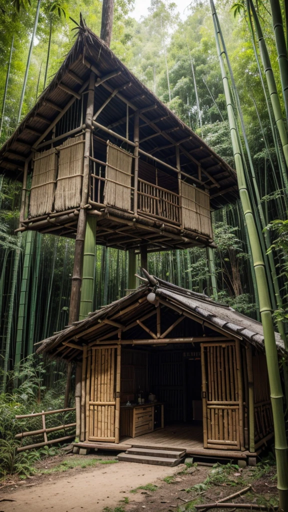 A clearing in the forest, a shelter made of bamboo and rustic forest materials made by skilled jungle survival experts .