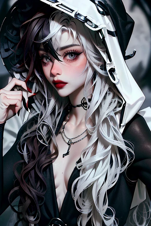 (masterpiece, best quality:1.2), [graveyar:girl:0.9], 1girl, solo, beautiful, gothic, witch, gloomy, Asian woman, mature, black clothing, hooded black robe, modest clothing, hood up, goddess of death, blank expression, split dye hair, multicolored hair, black and white hair, black dye on right side, white hair on left side, messy hair, bangs, black eyebrows, thick eyebrows, long eyelashes, grey eyes, dark circles under eyes, plump lips, red lipstick, red lips, no skin showing, skinny, pale skin, thin, sickly looking, looking at viewer, holding scythe, in graveyard, Wylona Hayashi, all black clothing, black hood, full body shot, cemetery background, standing, standing in a cemetery, holding scythe, windy, wind blowing, black long sleeves