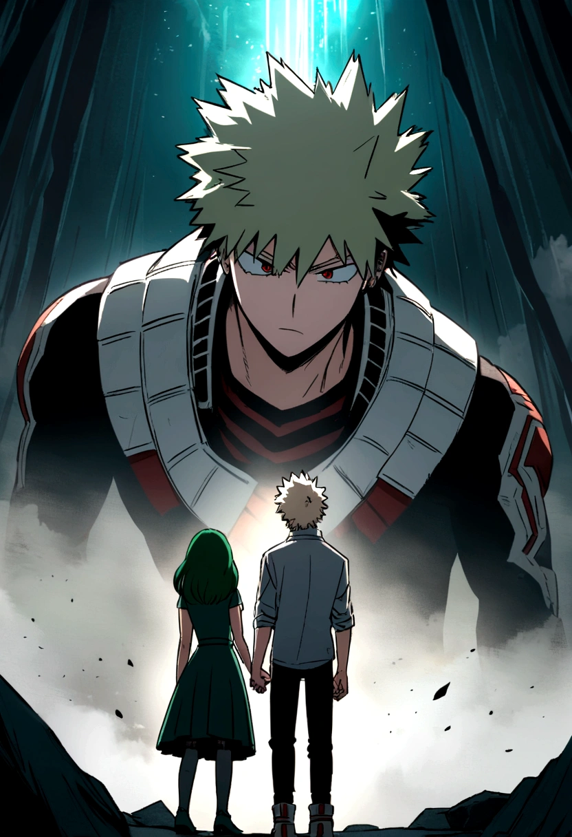 Screenshot of boku no hero academia , beautiful girl.with strong green hair. blue eyes .and he is next to bakugo katsuki , He is ash blonde , with red eyes and he is declaring his love for her, full shot