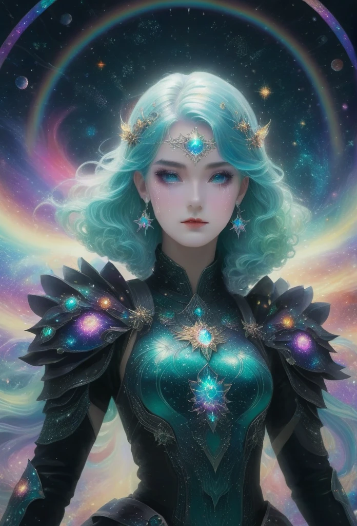 A girl with rainbow-colored hair and delicate teal dress armor, standing, rainbow colored cosmic nebula background, stars, galaxias, Intricate details, Perfect face