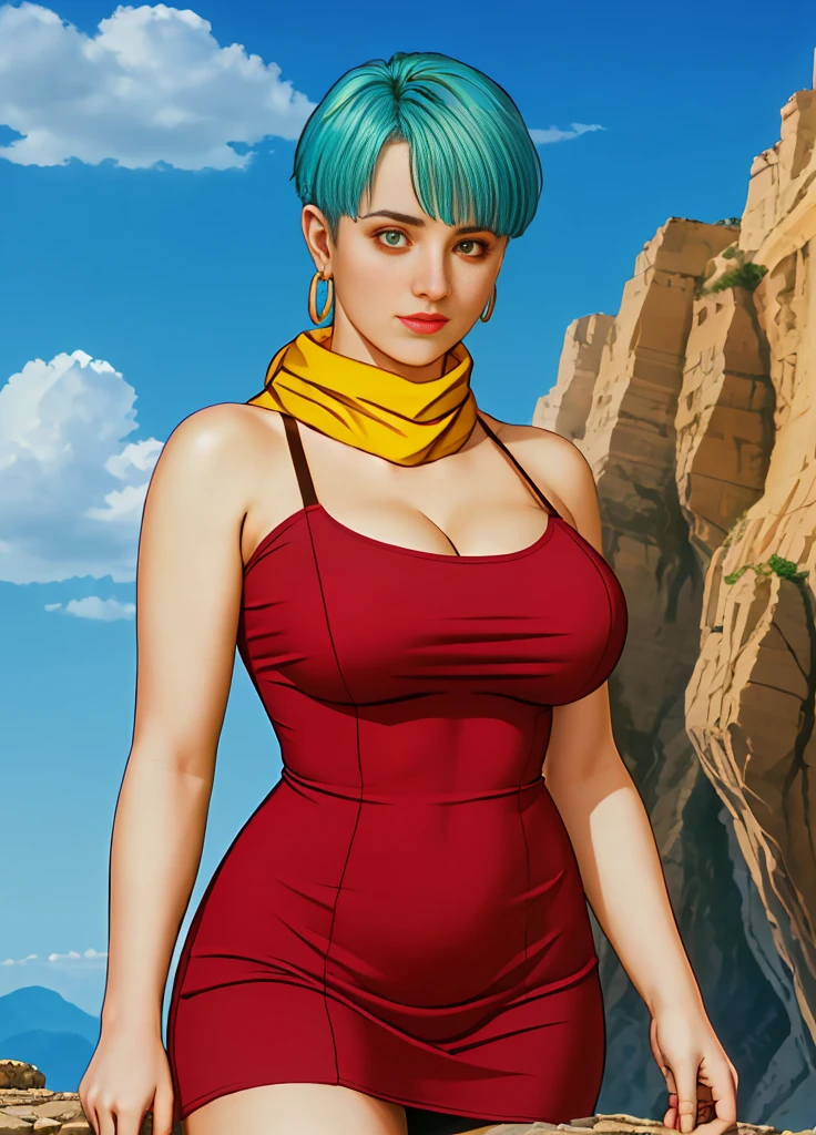 masterpiece, best quality, highest quality, (perfect lighting), (photorealistic), perfect anatomy, perfect face, perfect eyes, 
 bulmadbzreddress, aquamarine hair, short hair, blue eyes, earrings, red dress, yellow scarf, blue sky, clouds, on a cliff looking at a city, (BishoujoMom: 1.5), very tight red dress, legs that open, ((huge breasts, cleavage))), ((thick thighs, hourglass figure)), (topless), 1.5) ((thick red liplue eyes)), ((aquamarine hair)) photorealistic, photo, masterpiece, realistic, realism,  photorealism, photorealism, high contrast, photorealistic digital art trend on Artstation 8k HD HD realistic detailed, detailed, skin texture, hyper detailed, realistic skin texture, best quality, ultra high resolution (photorealistic: 1.4), high resolution, detailed, raw photo, sharp re, by Lee Jeffries nikon d850 film stock photography 4 Kodak Portra 400 camera F1.6 lens rich colors realistic texture hyper-realistic dramatic lighting unrealEngine trend in ArtStation CineStill 800,