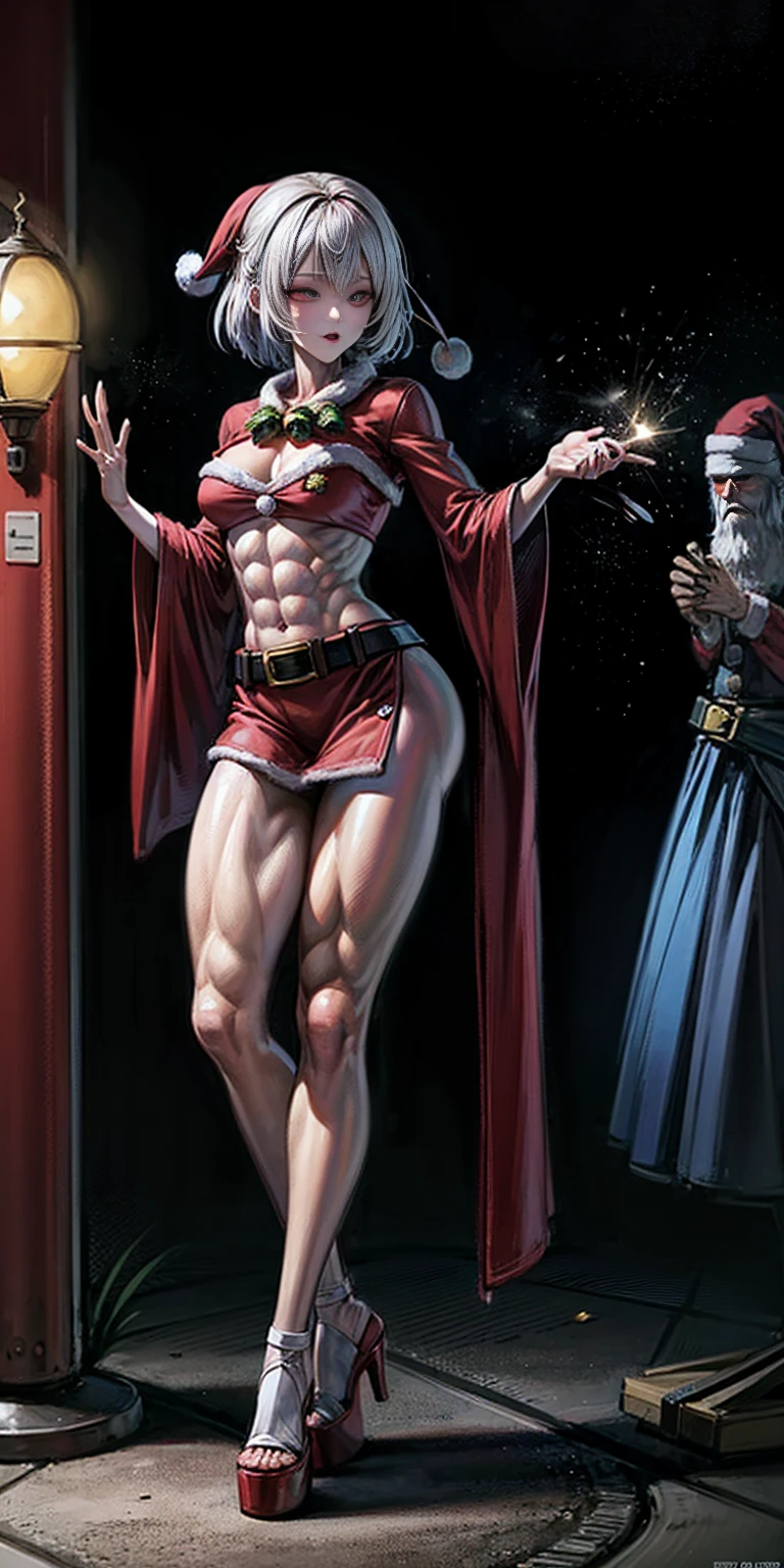 (((1 girl))), (Cassia Orsellio), (short white hair), (Red eyes), , (((wearing a sexy Santa suit))), (Full body view), (in the motel room), (((slender, muscular legs))), thin waist, Stomach Muscles, big ass, (((Full body photo))), black high heel shoes, (standing with one eye closed and showing her very sensual tongue), (((very sensual expression))), (HDR), eye reflection, extended eyes, extended eyes, moody, cheered up, minimalism, cheered up style, ray tracing, cinematic lighting, cinematic lighting, shine, shine, jpeg artifacts, bright light, rays of god, ray tracing, drop shadow, panorama, Sony FE, from behind, below, below, UHD, piece of teacher, necessary, necessary, anatomically correct, super detail, high quality , Best Quality , very high, 16k