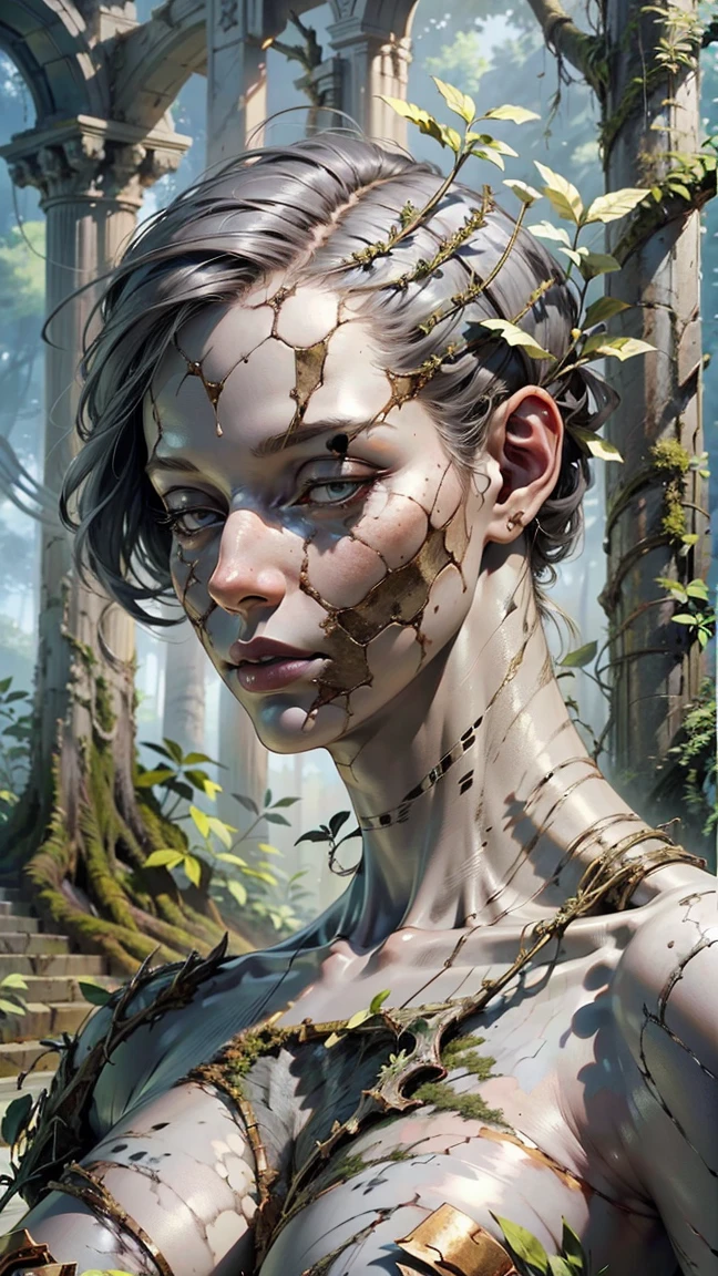 (grey skin:1.2, official art, beautiful and aesthetic:1.2),1 girl, solo, naked, topless, body fragment sculpture:1.2, stone skin, moss and leaves, giant, titan, forest background, (crack:1.3)