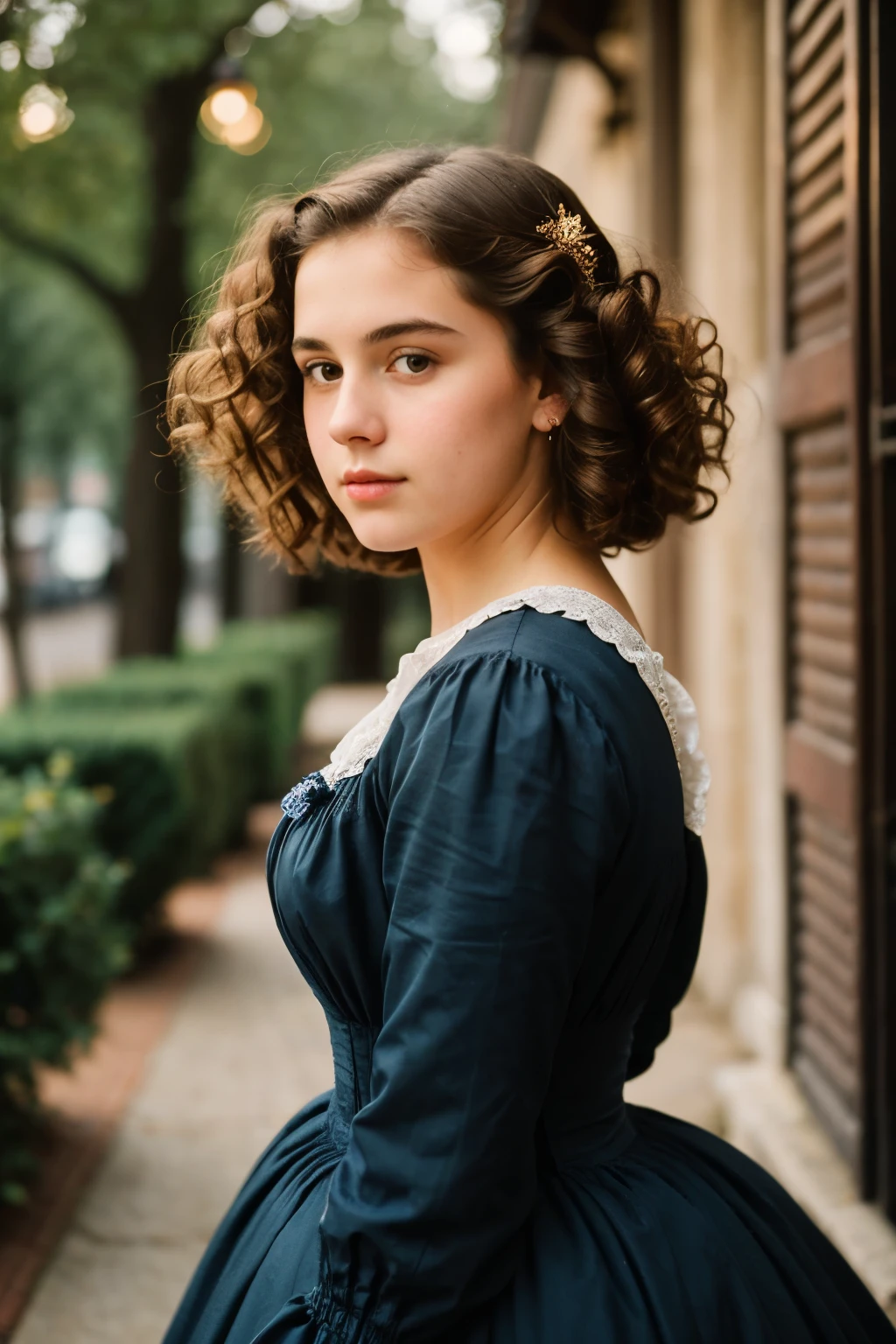 (a closeup of a beautiful 15 year old girl on a 19th century street in a vintage dress), (Serious:0.5), (Very detailed face:1.4), ass point of view, Nikon D850, film stock photography, 4 Kodak Portra 400, f1 camera.6 lenses, saturated colors, Hyper realistic, realistic texture, dramatic lighting, Cinestill 800, 19th century Victorian style, evening, vintage lighting, medium curly hair