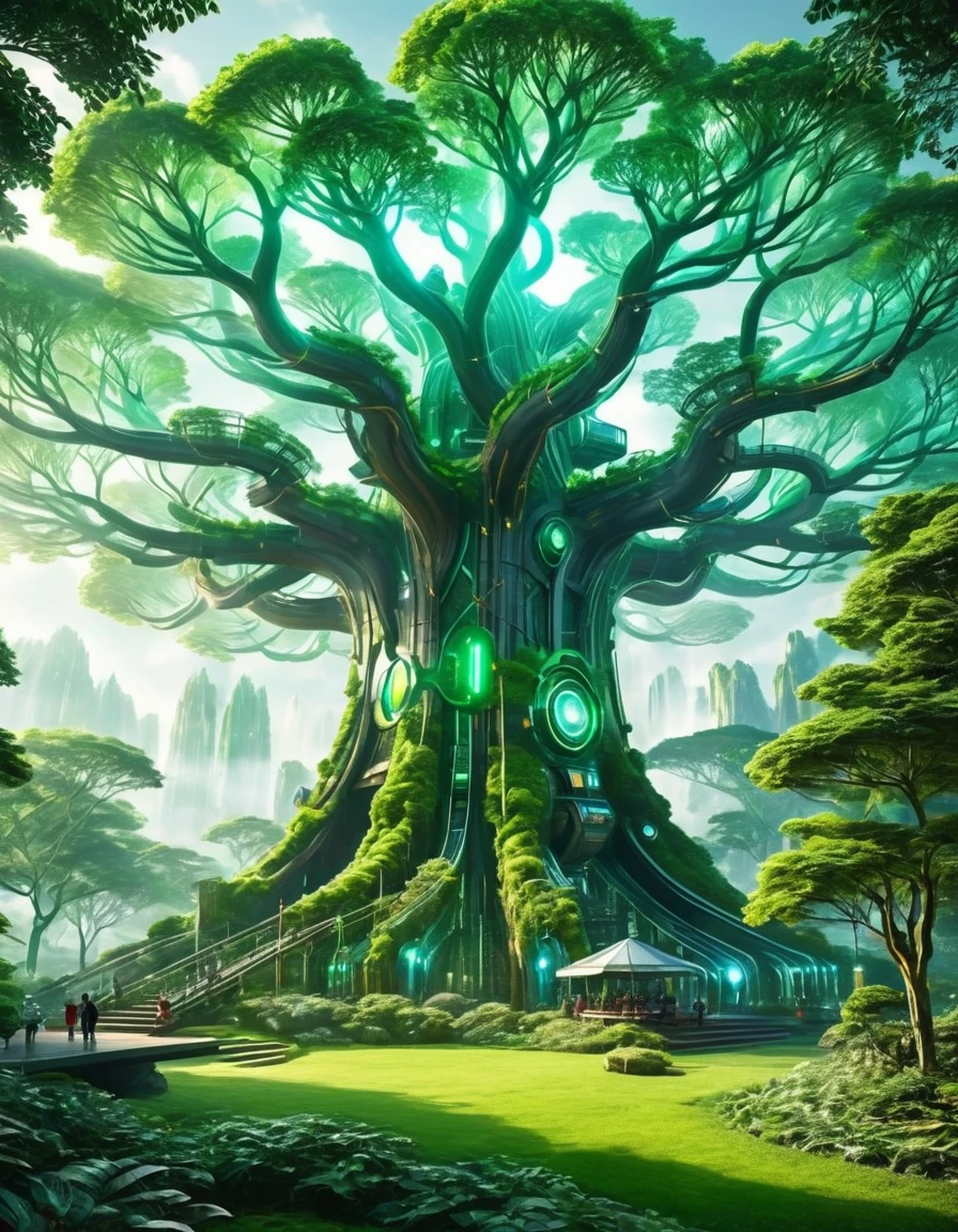 Generate an AI masterpiece inspired by the fusion of nature and technology. Depict a colossal tree-like structure integrated with futuristic machinery, emitting an otherworldly glow. Convey harmony between organic and synthetic elements.