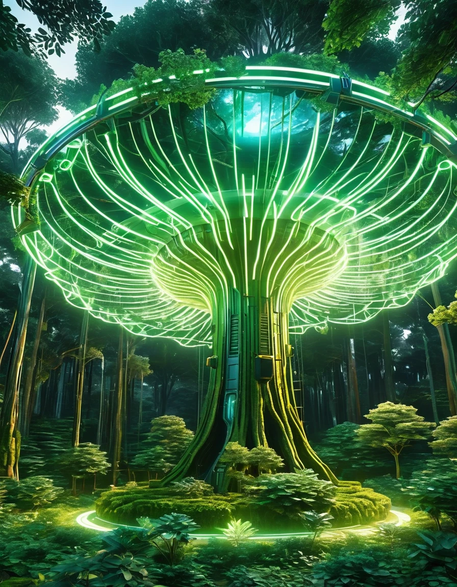 Generate an AI masterpiece inspired by the fusion of nature and technology. Depict a colossal tree-like structure integrated with futuristic machinery, emitting an otherworldly glow. Convey harmony between organic and synthetic elements.
