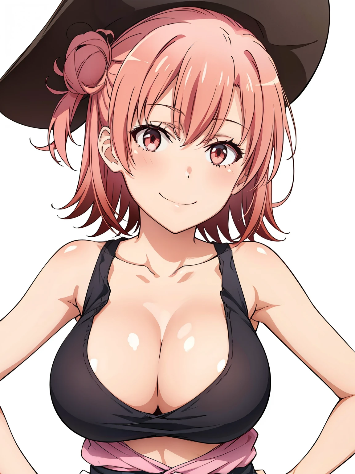 ((masutepiece, Best Quality, hight resolution, nffsw, Perfect Pixel, depth of fields, 4K, )), 1girl in, Solo, , Beautiful anime girl, Beautiful Art Style, close up, Looking at Viewer, Perfect body, Yuigahama Yui, Short hair, pink hair, hairbun, (large boob), tank top, one breast out, one nipple, smiling, hands on hips, blank white background, cowboy shot