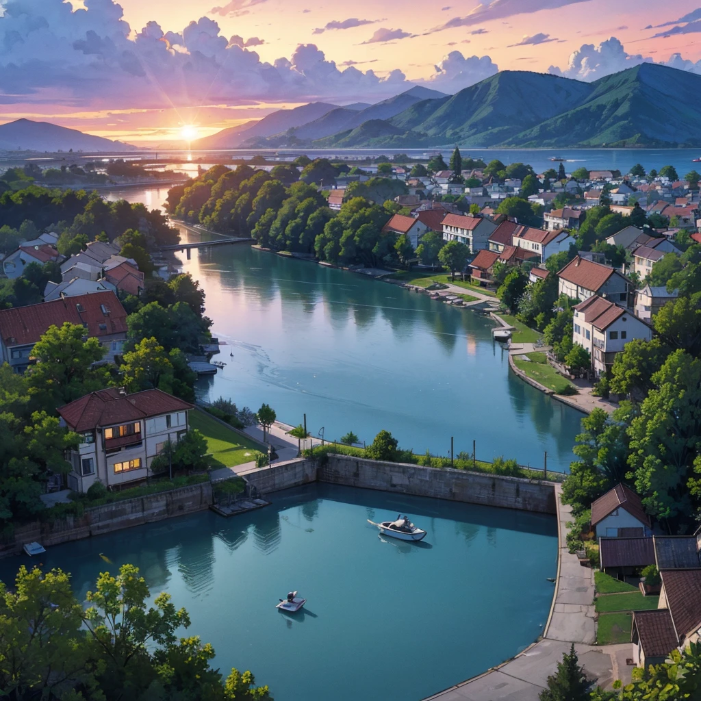 a tourist district with few concrete house is on top of a light-elevation terrain with beautiful sunset is on one side of the big lake with light blue water and the big lake's water volume has recently decreased so there is a part of land without any buildings, where there used to be water is now land. Blue sky with some birds flying above the river and a yellow punt passing in the distance, the sun sets making it a sight to behold; open plan framing, semi-realistic drawing style, with very high resolution of the drawing contours.