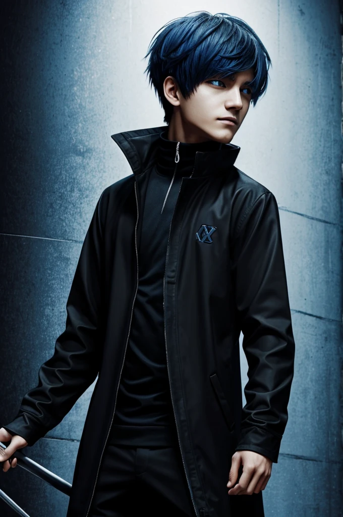 Create a black wallpaper, 8k and Kaneki is in that background, with black and blue clothes
